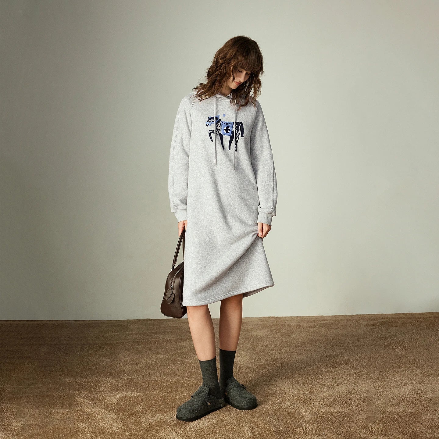 Women's Sweatshirt Dress – Hooded, Embroidered Horse, Soft Fleece Knit, Loose Fit, Mid-Length
