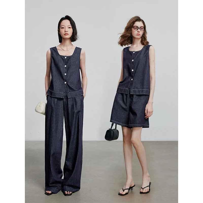 Chemise femme sans manches col carré en coton & lyocell