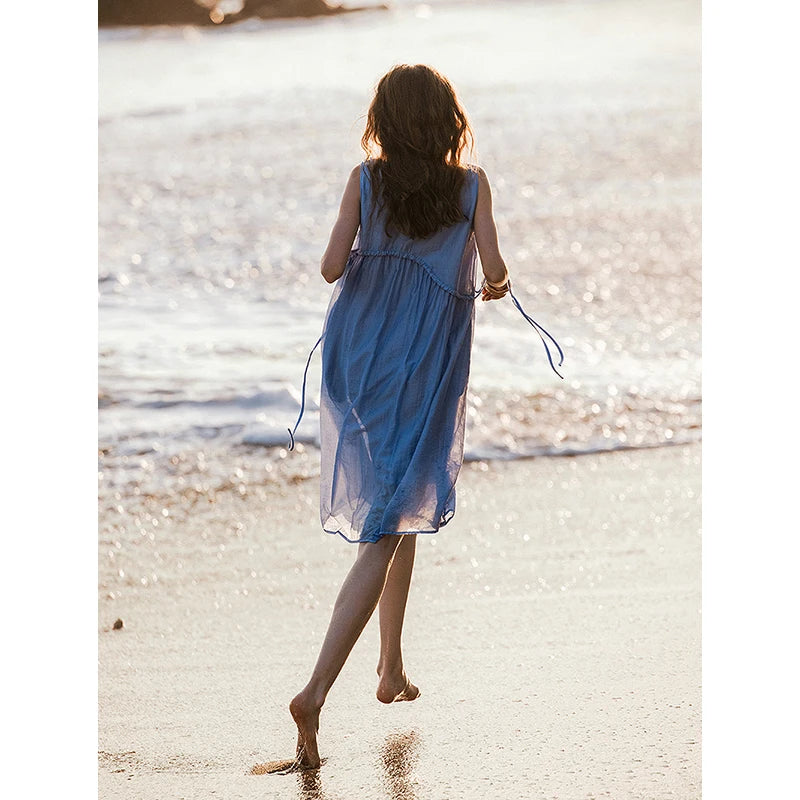 Robe femme mi-mollet été A-Line sans manches col rond à laçage