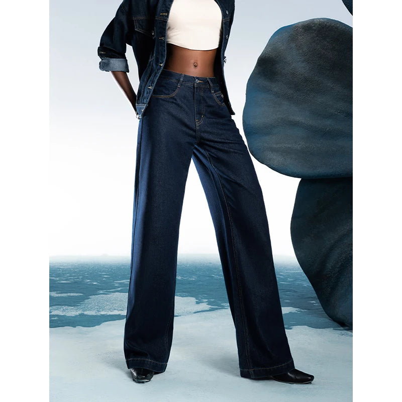 Jean femme taille mi-basse coupe droite large slim fit
