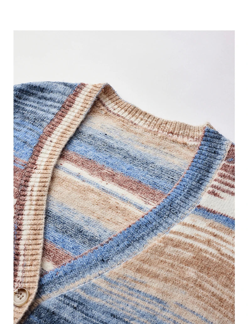 Cardigan Femme – Effet Dégradé, Col V, Rayures Romantiques