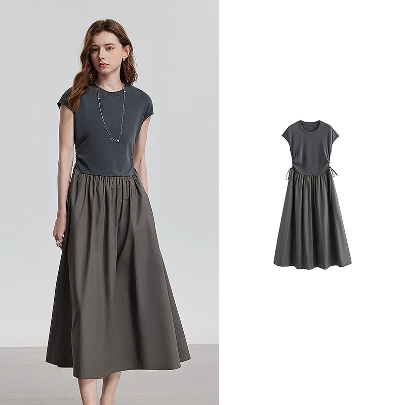 Women's mid-calf summer A-line dress with raglan sleeves, round neck, and pockets