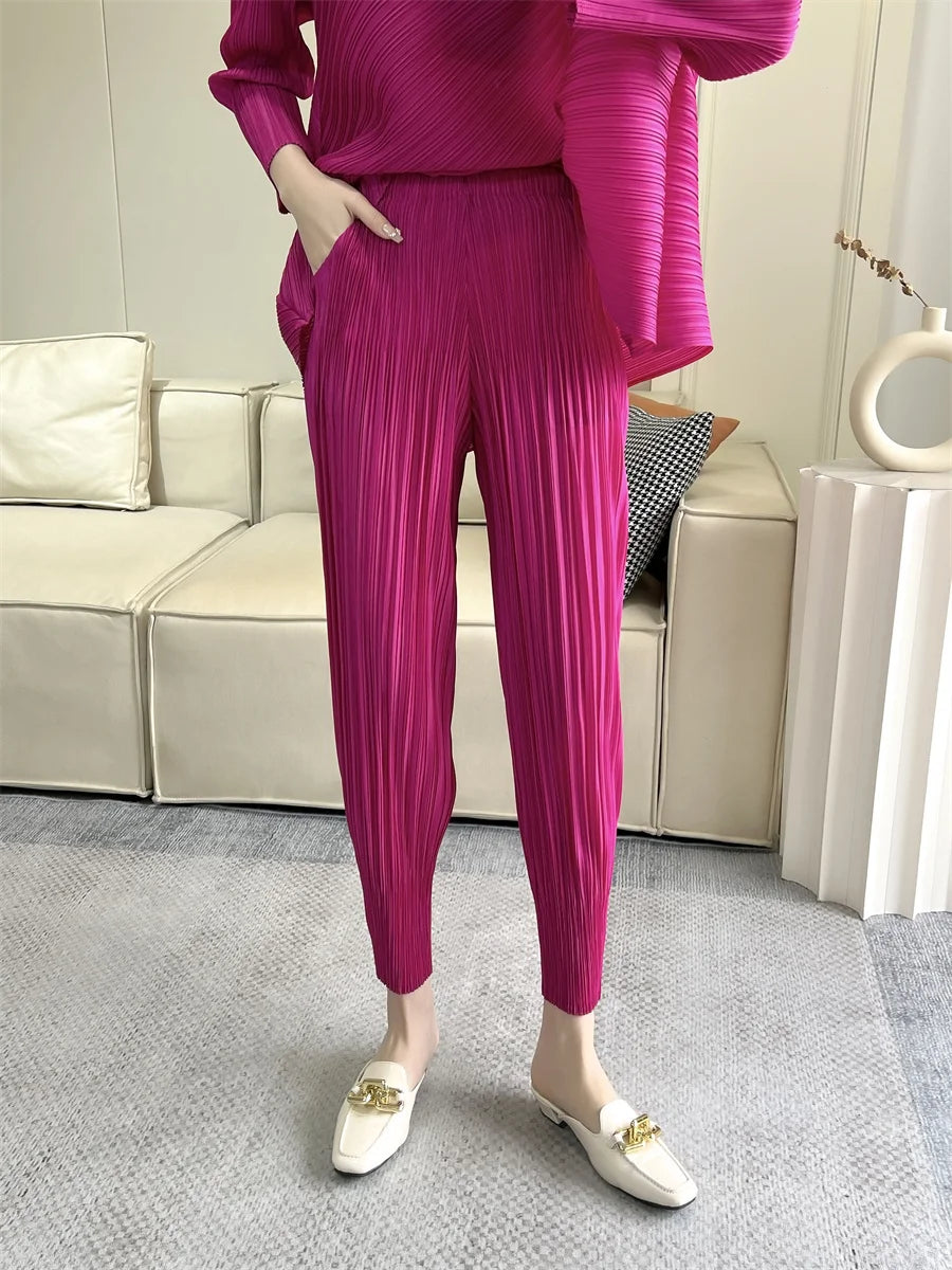 Miyake Pleated Pants Spring 2025 New Women's Solid Color Basic Elastic Waist Small Foot Radish Pants Casual And Comfortable