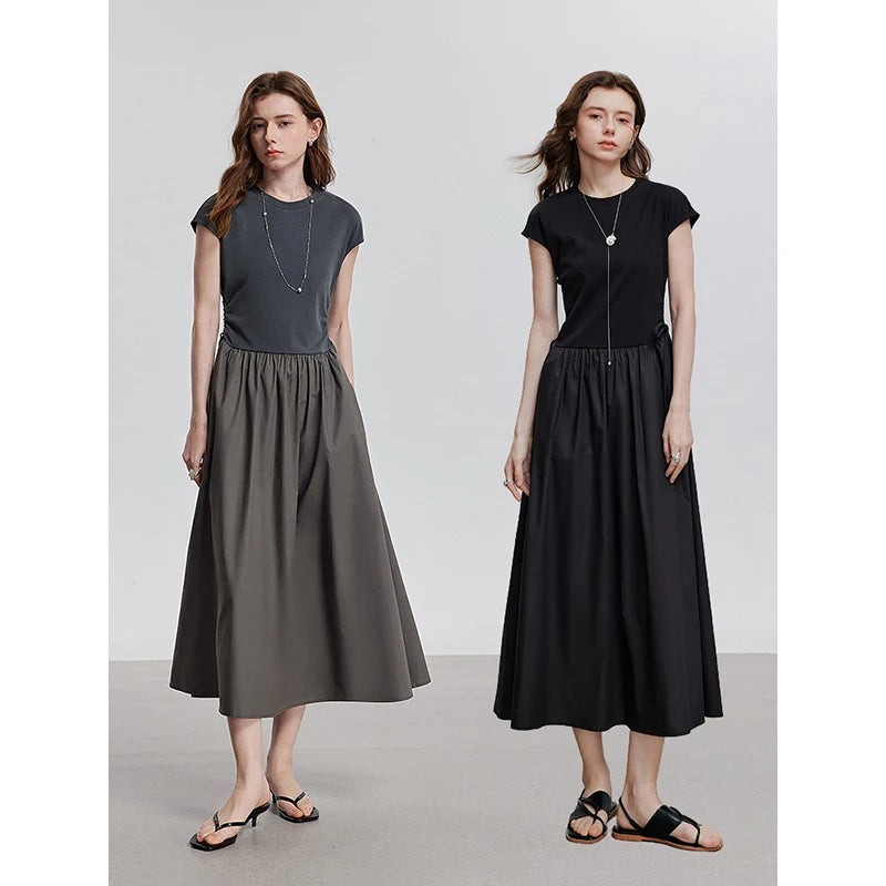 Women's mid-calf summer A-line dress with raglan sleeves, round neck, and pockets
