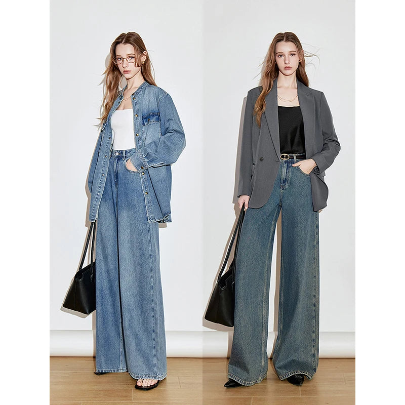 Jean femme coton pur coupe large style rétro longue