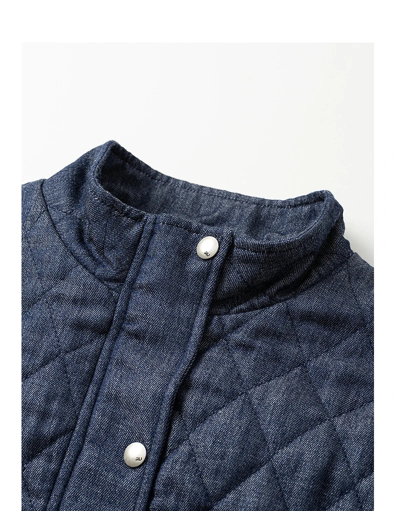 Women's Coat – Denim Effect, Diamond Pattern, Stand Collar