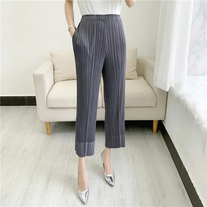 Miyake Pleated Straight Leg Pants, Women's Elastic Waist Cropped Pants, Casual and Versatile Small Leg Pants