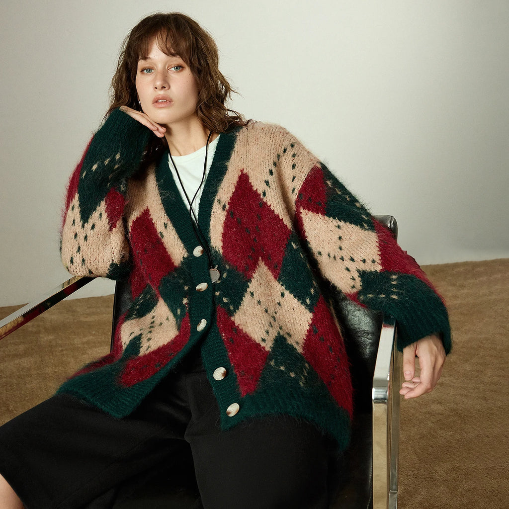 Pull-Manteau Femme – Style Nordique, Motif Argyle, Col V