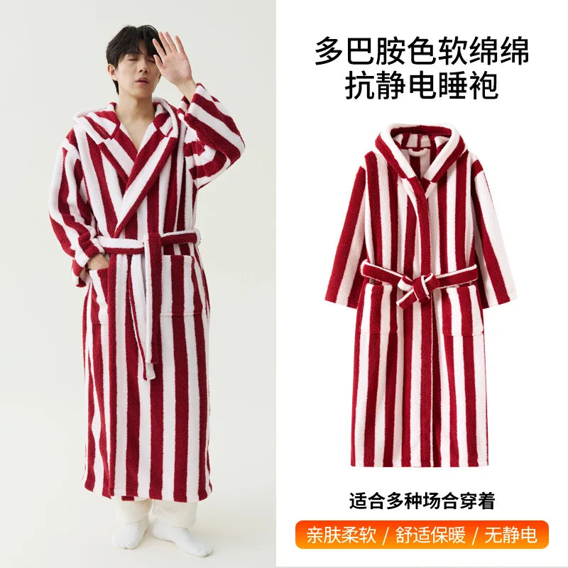 Peignoir Velours Rayé Couple Manches Longues