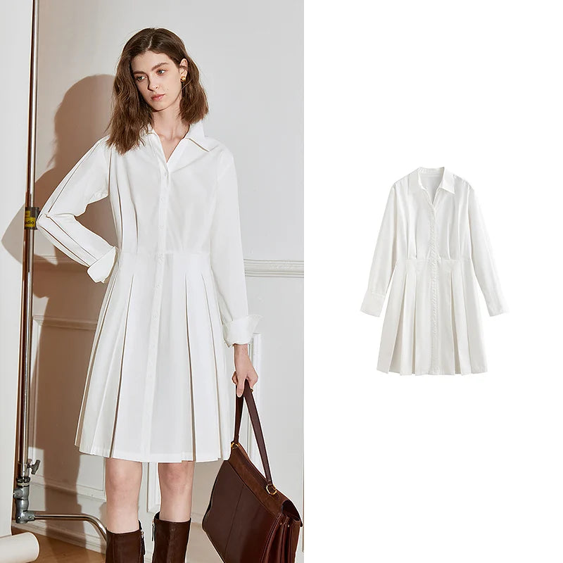 Women's pleated spring dress with shirt collar, long sleeves, mid-knee length