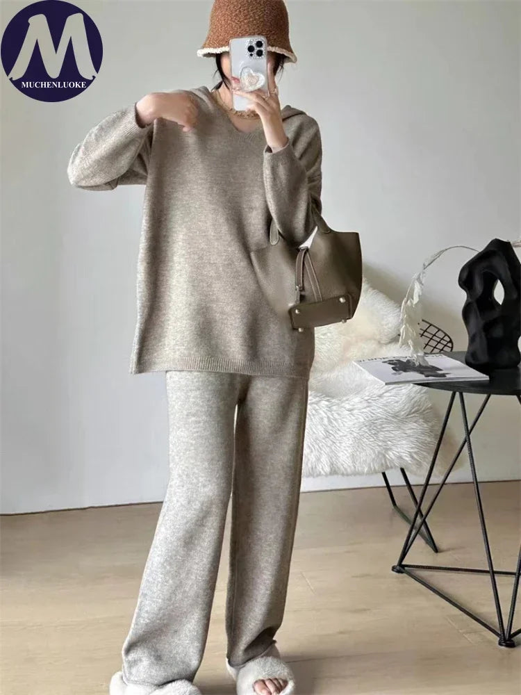 Women's 2-Piece Knit Set – Casual Sweater and Straight Leg Pants