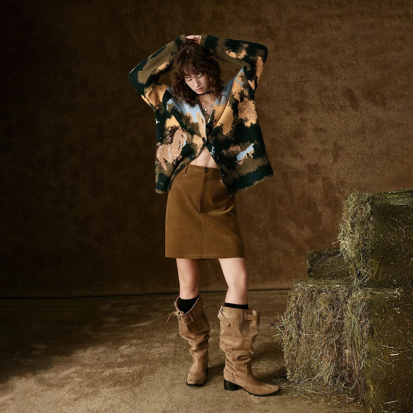 Cardigan Tricoté Femme – Motif Cheval Sauvage Peinture Huile, Col V