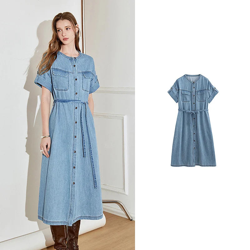 Robe femme mi‑mollet printemps/été denim manches courtes col rond à lacets
