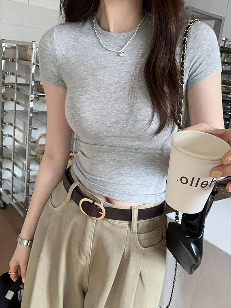 Crop Top Manches Courtes Unie Femme