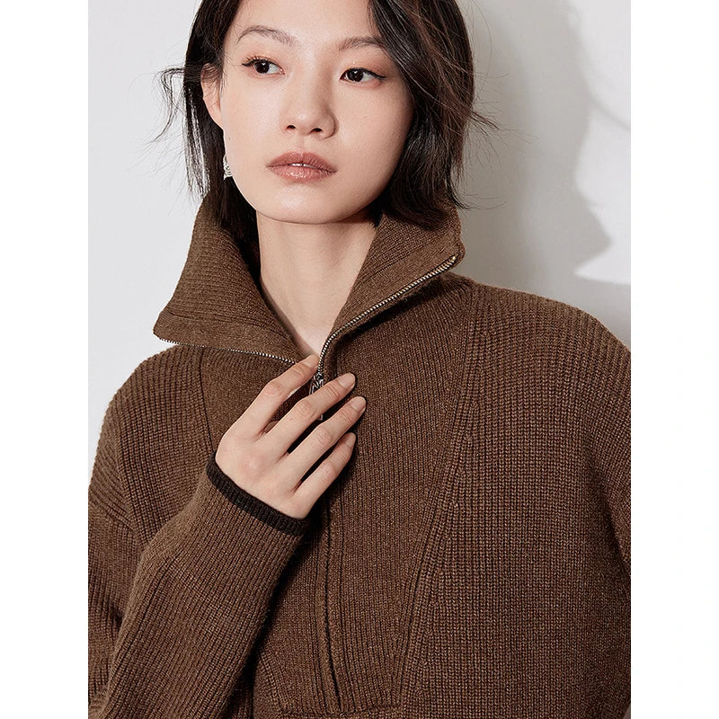 Women's mid-calf winter dress, straight, long sleeves, shirt collar with zipper