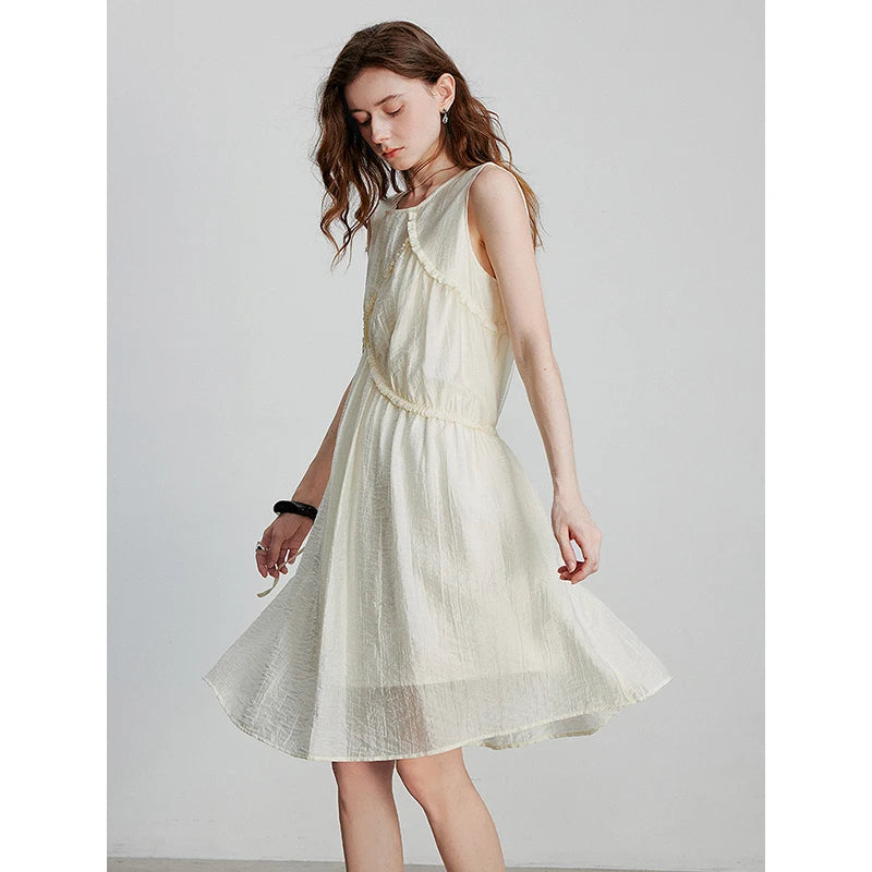 Robe femme mi-mollet été A-Line sans manches col rond à laçage