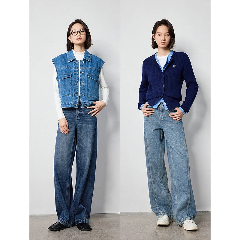 Jean femme taille haute coupe droite large avec fente