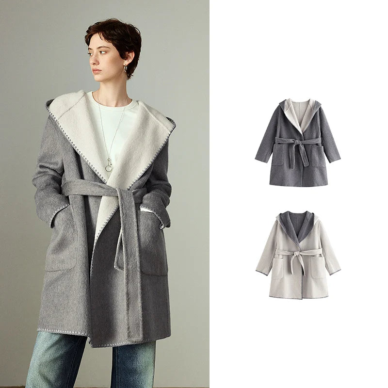 Women's Coat – Wool, Silk and Rabbit Fur Blend, Fitted Waist, Hooded, Reversible