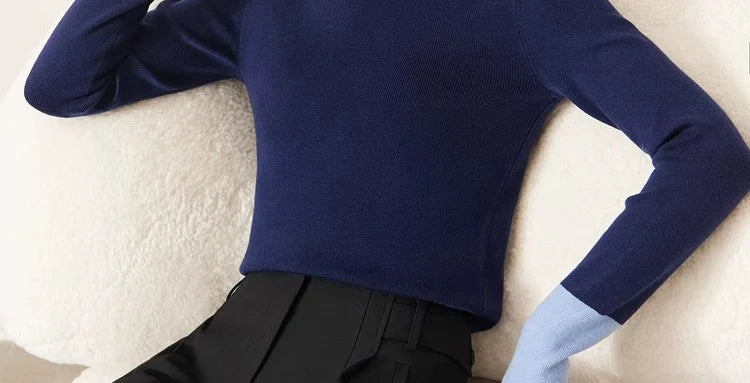 Damenpullover Stehkragen Warm Winter Gestrickt Farbblock Slim Fit Vielseitig Vintage Casual Langarm