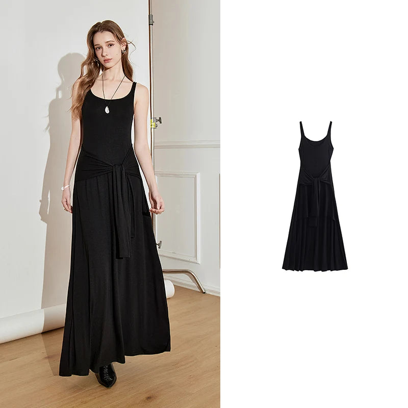 Women's sleeveless long spring dress with straps, black
