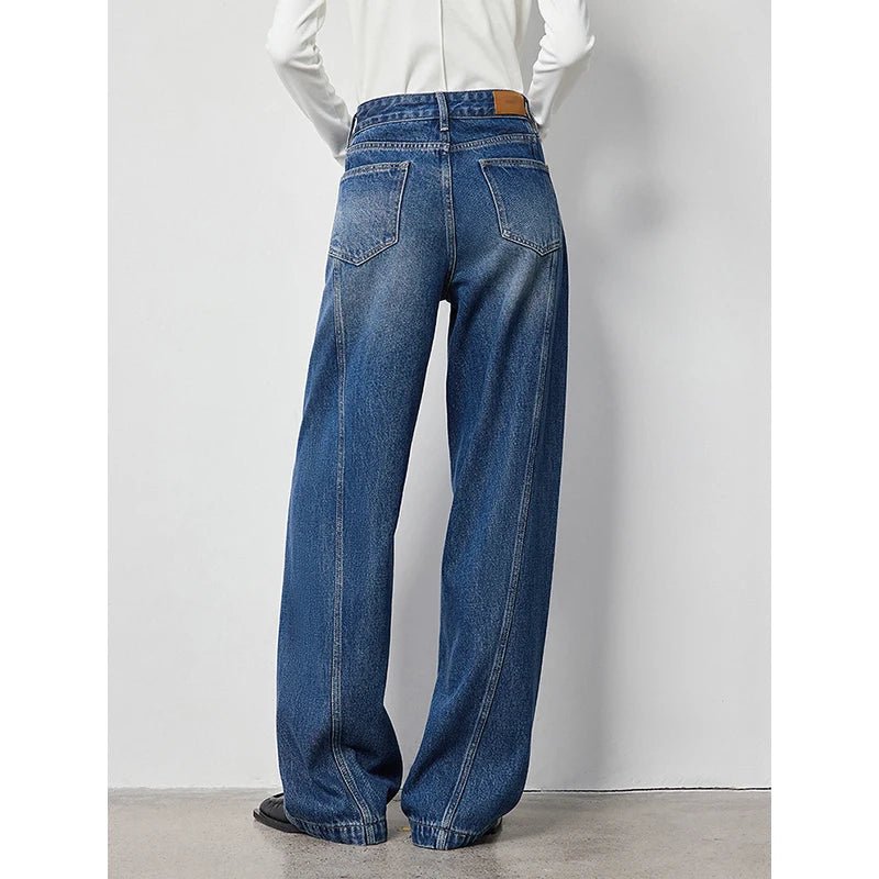 Jean femme taille haute coupe droite large avec fente