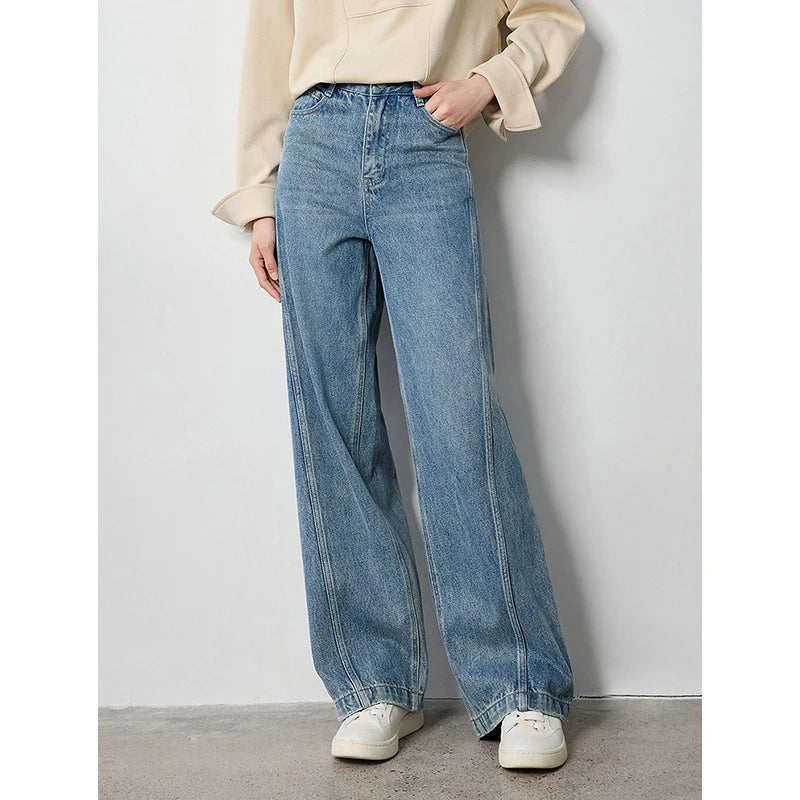 Jean femme taille haute coupe droite large avec fente