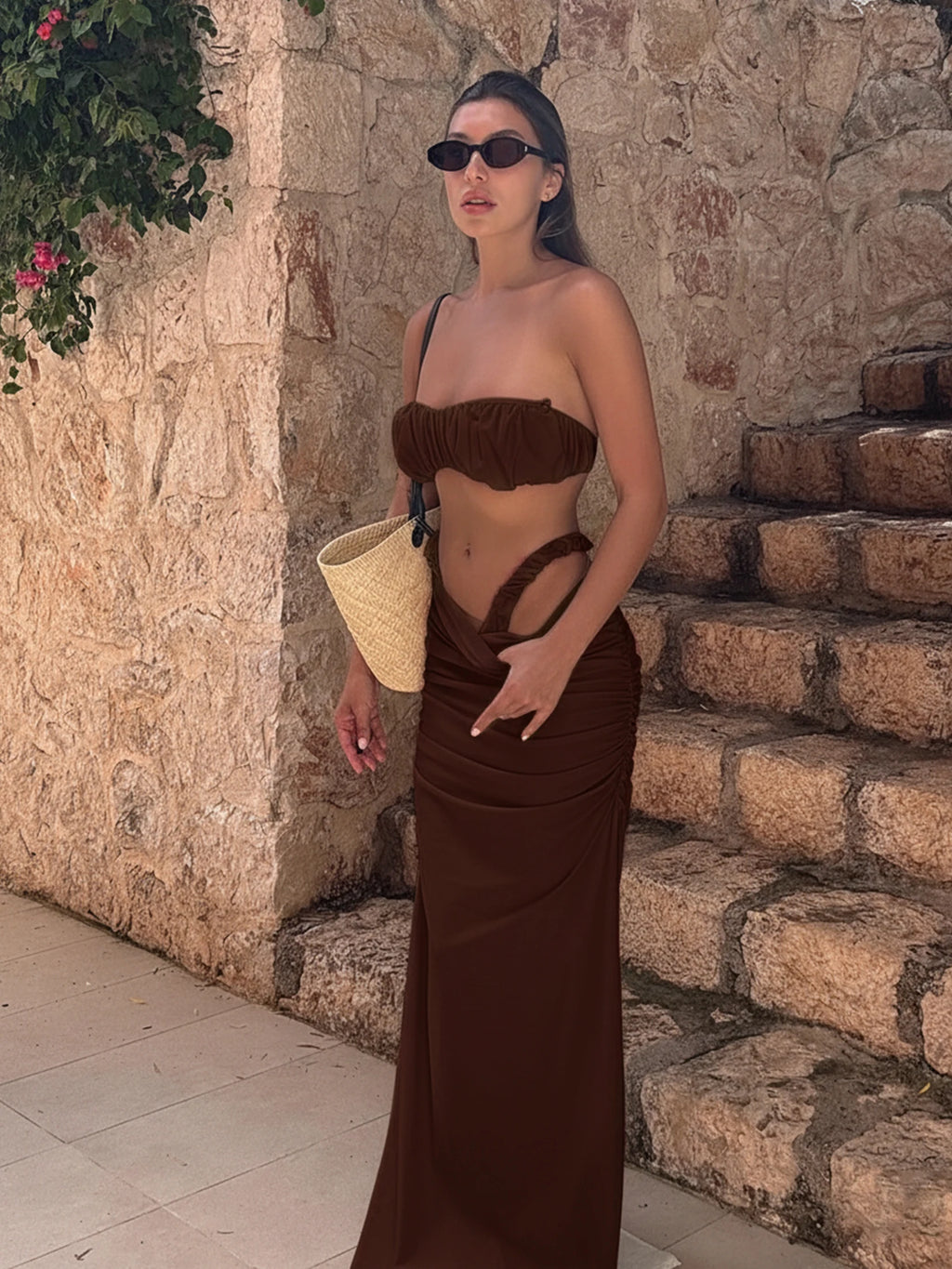 Bikini 3 Pièces à Bandeau Ruché Sans Bretelles Blanc - Ensemble Haute Coupe avec Jupe Maxi de Plage