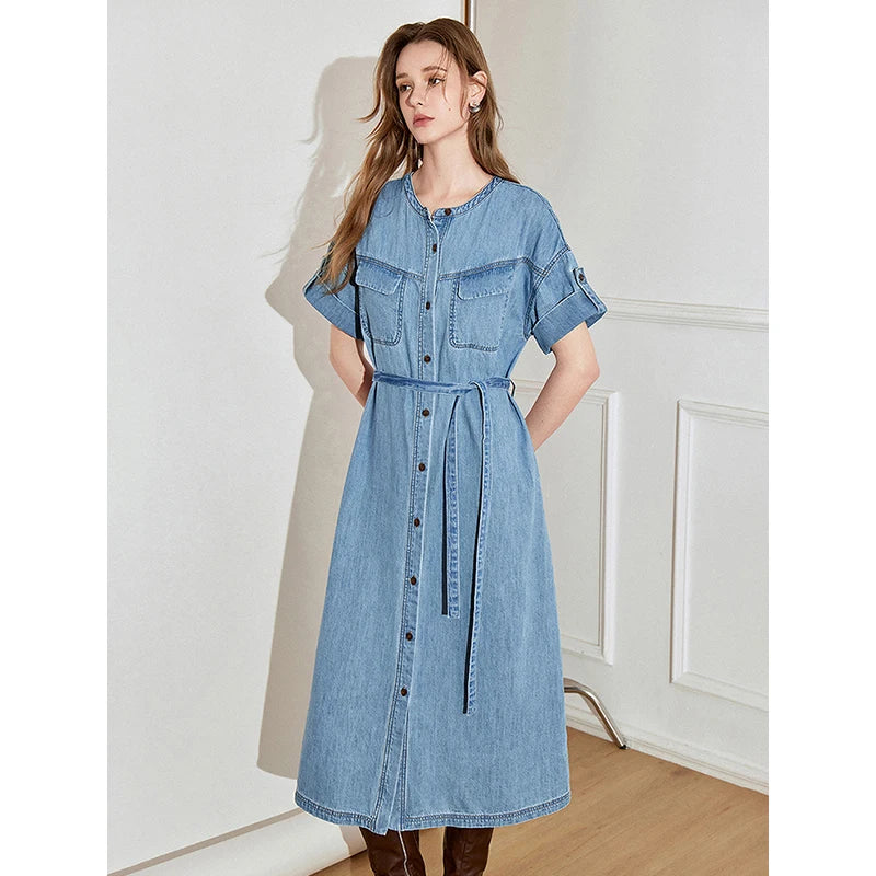 Robe femme mi‑mollet printemps/été denim manches courtes col rond à lacets