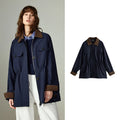 Veste Femme – Color-block Rétro, Col Revers, Taille Cinchée, Coupe Mi-longue Cargo