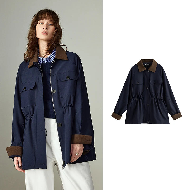 Veste Femme – Color-block Rétro, Col Revers, Taille Cinchée, Coupe Mi-longue Cargo