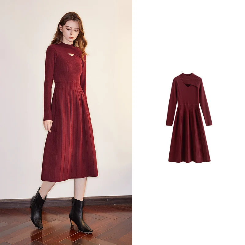 Women's mid-length knit dress with openwork turtleneck, suitable for autumn/winter
