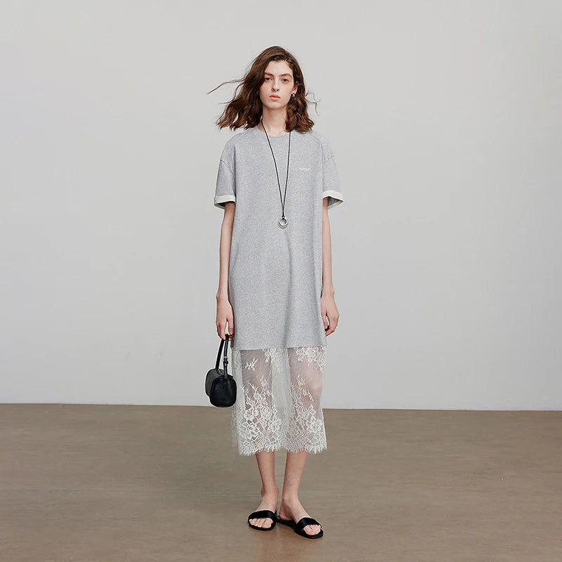 Robe femme mi-mollet été droite en maille avec dentelle