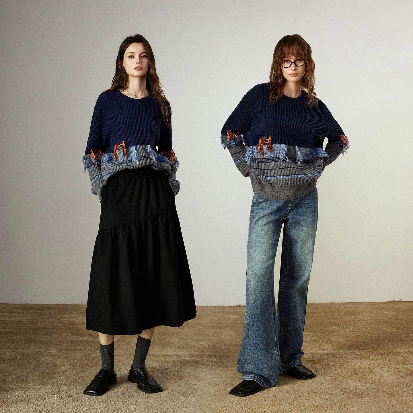 Pull Femme – Style Nomade Rétro, Détails Frangés Color-block, Polaire Arctique Épaisse et Douce