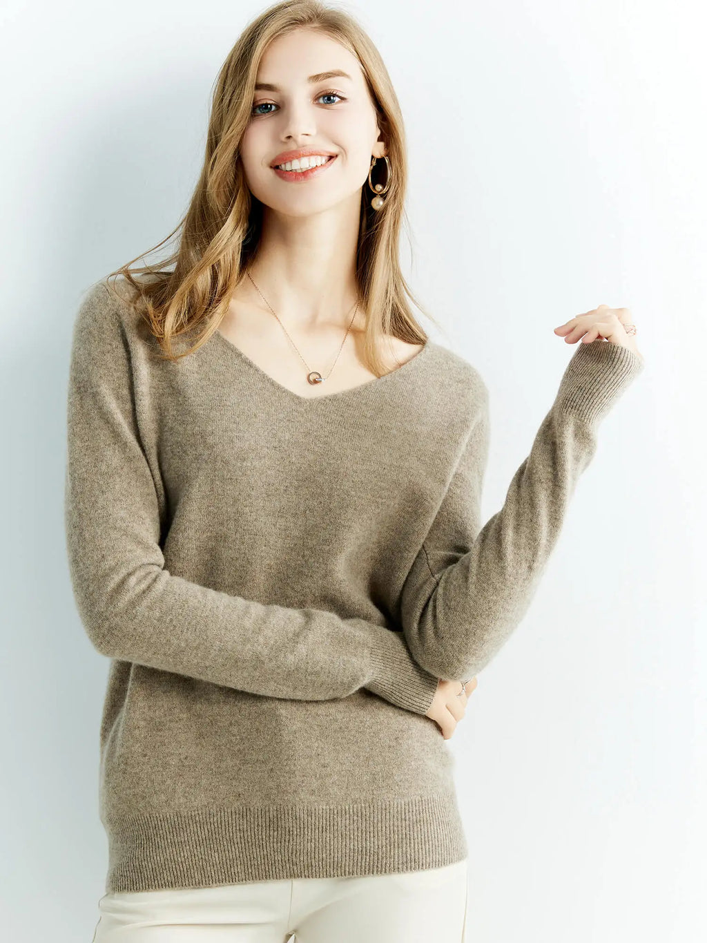 Pull en cachemire – 100 % laine mérinos, col V, manches longues