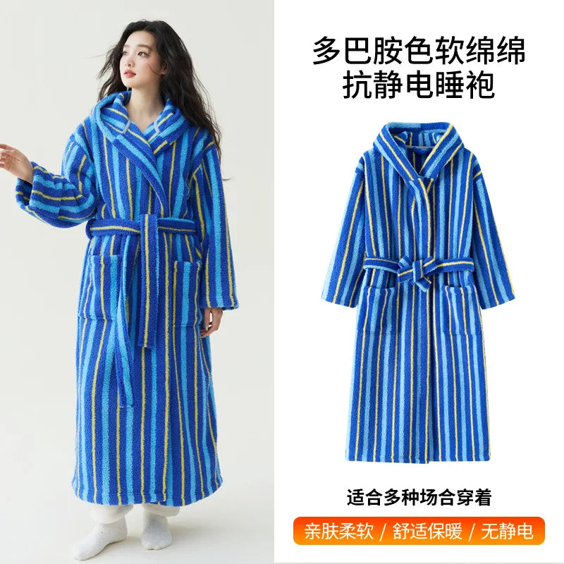 Peignoir Velours Rayé Couple Manches Longues