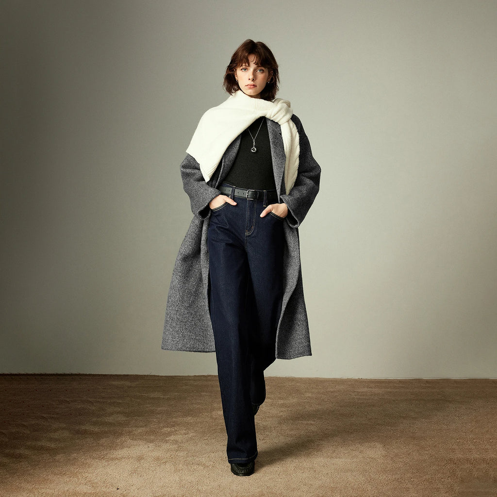Jeans Large Femme Laine Mélangée, Taille Mi-Basse, Style Rétro