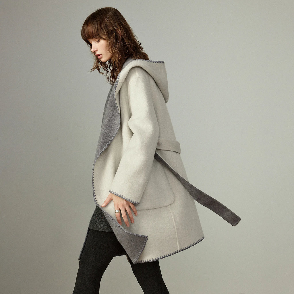 Women's Coat – Wool, Silk and Rabbit Fur Blend, Fitted Waist, Hooded, Reversible