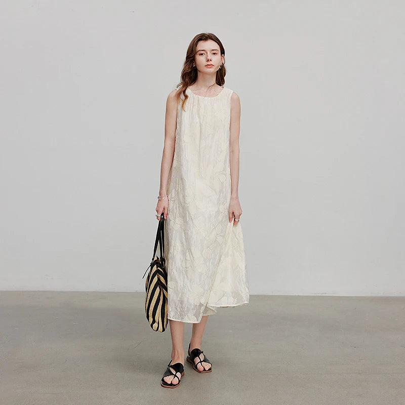 Women's A-Line Mid-Calf Summer Dress, Sleeveless, Round Neck, Embroidered