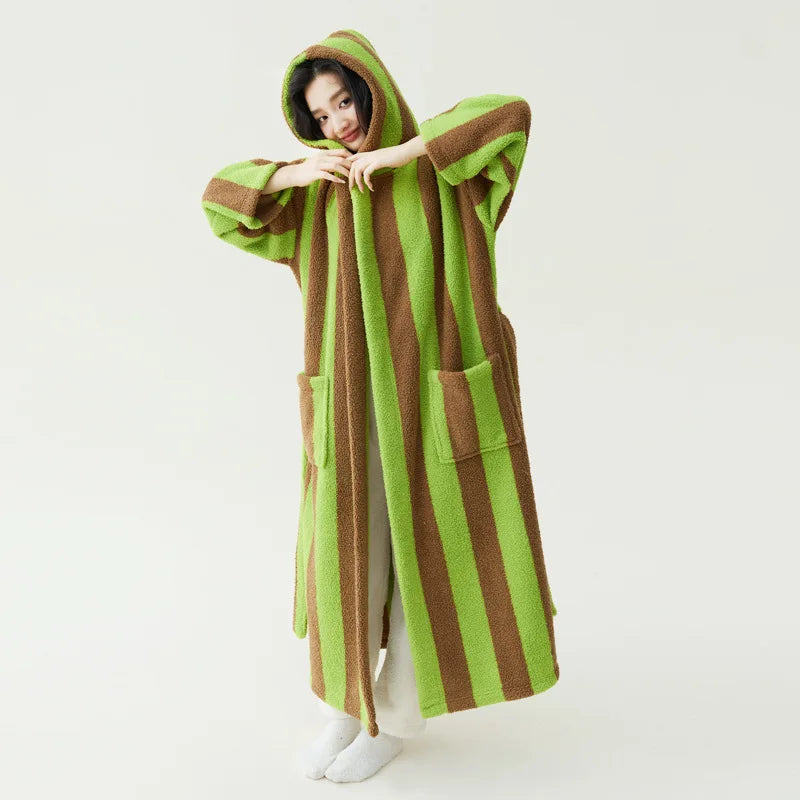 Peignoir Velours Rayé Couple Manches Longues