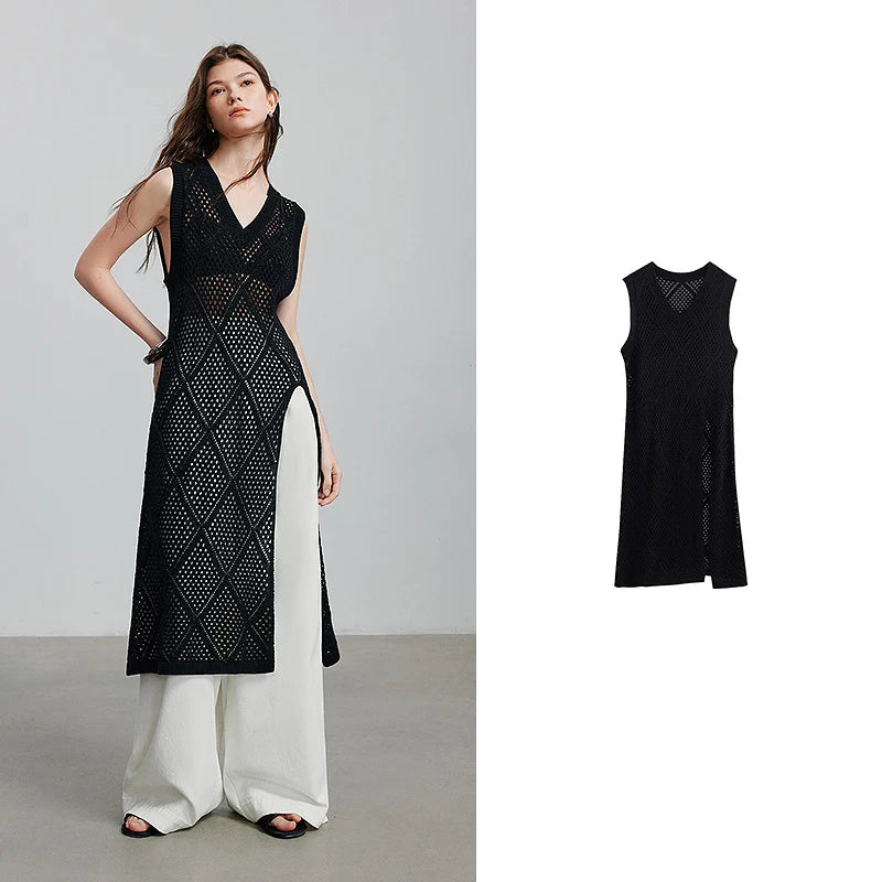 Damen Sommerkleid wadenlang A-Linie ärmellos V-Ausschnitt durchbrochen