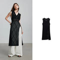 Damen Sommerkleid wadenlang A-Linie ärmellos V-Ausschnitt durchbrochen