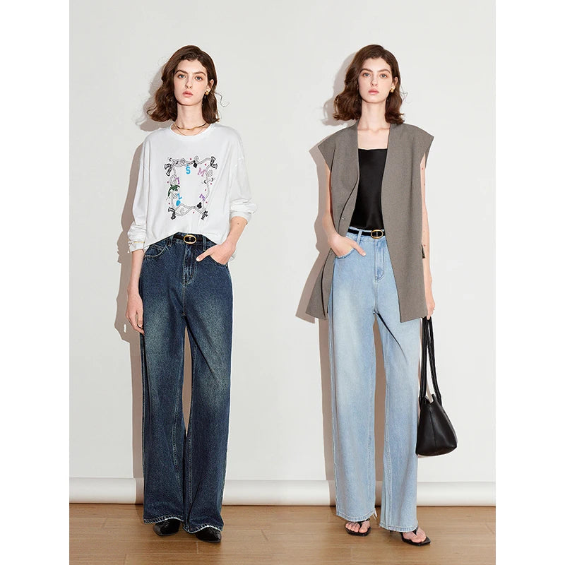 Jean femme taille mi‑haute délavé coupe droite large style rétro