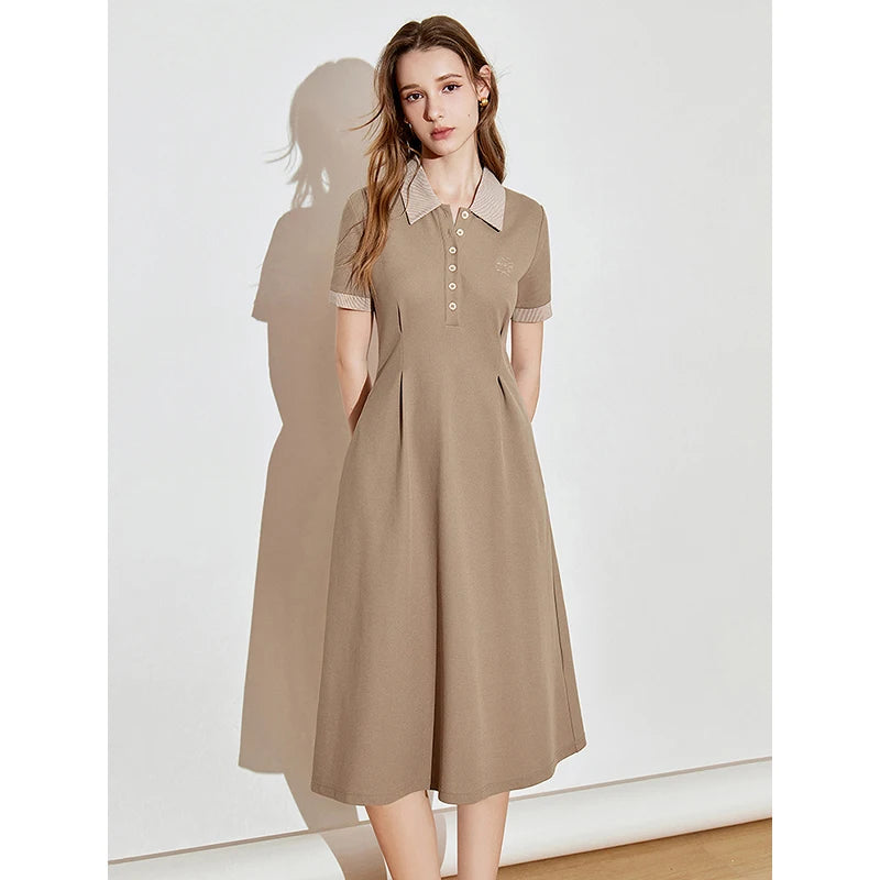 Robe femme mi-mollet droite brodée florale col chemise