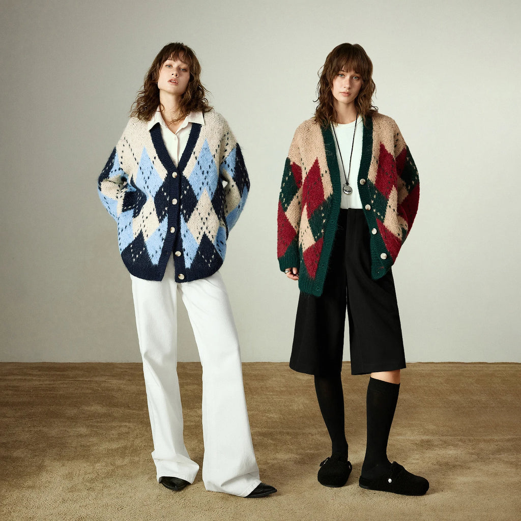 Women's Sweater-Coat – Nordic Style, Argyle Pattern, V-Neck