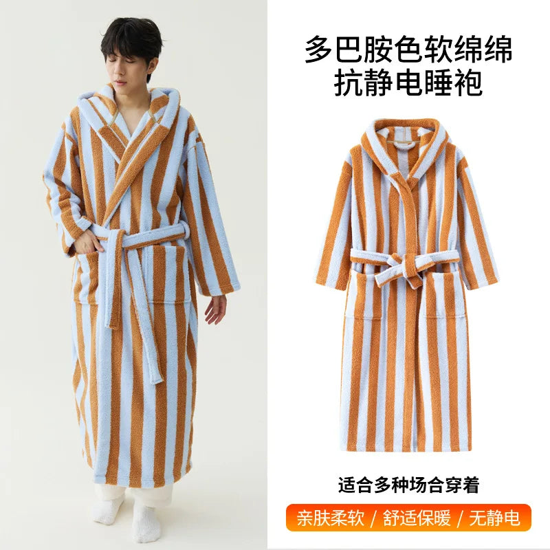 Peignoir Velours Rayé Couple Manches Longues