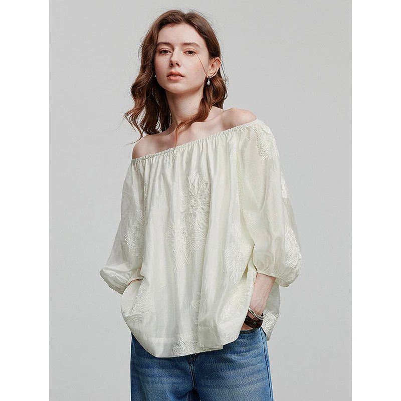 T-shirt femme manches 3/4 – broderie, style office lady