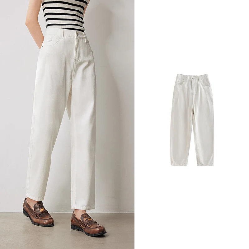 Jean femme taille haute élastique coupe harem longueur cheville