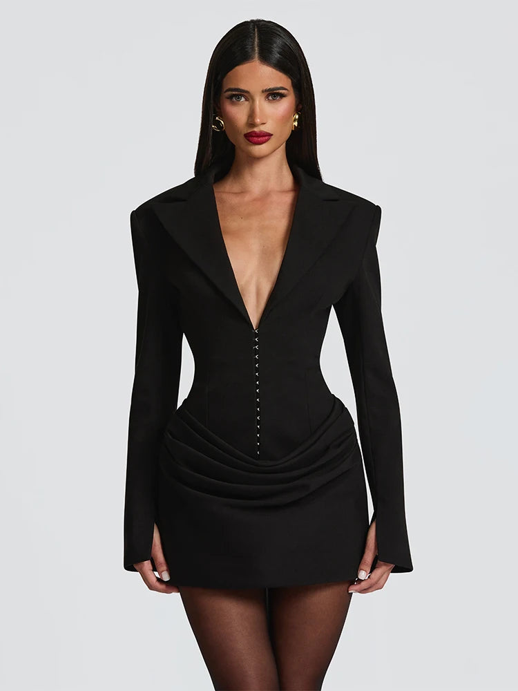 Robe Mini Bodycon Nibber – Élégante, Sexy, Col V, Manches Longues