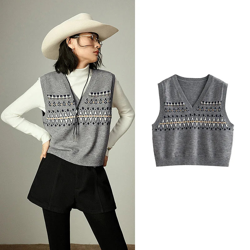 Gilet Femme– Jacquard Fair Isle, Col V, Style Nordique
