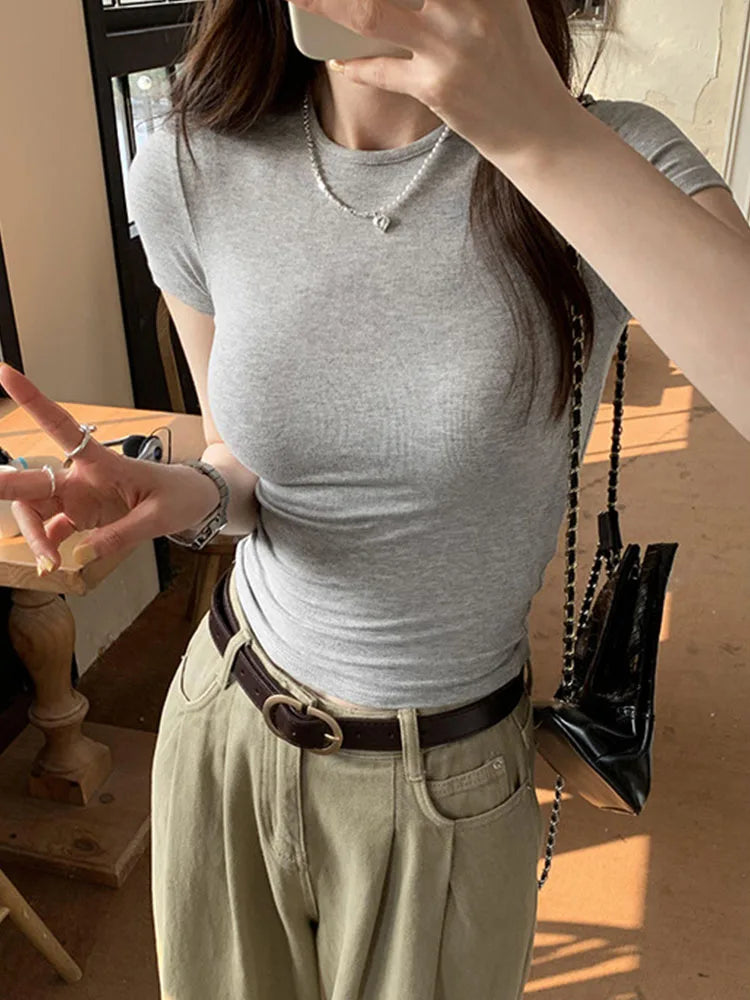 Crop Top Manches Courtes Unie Femme